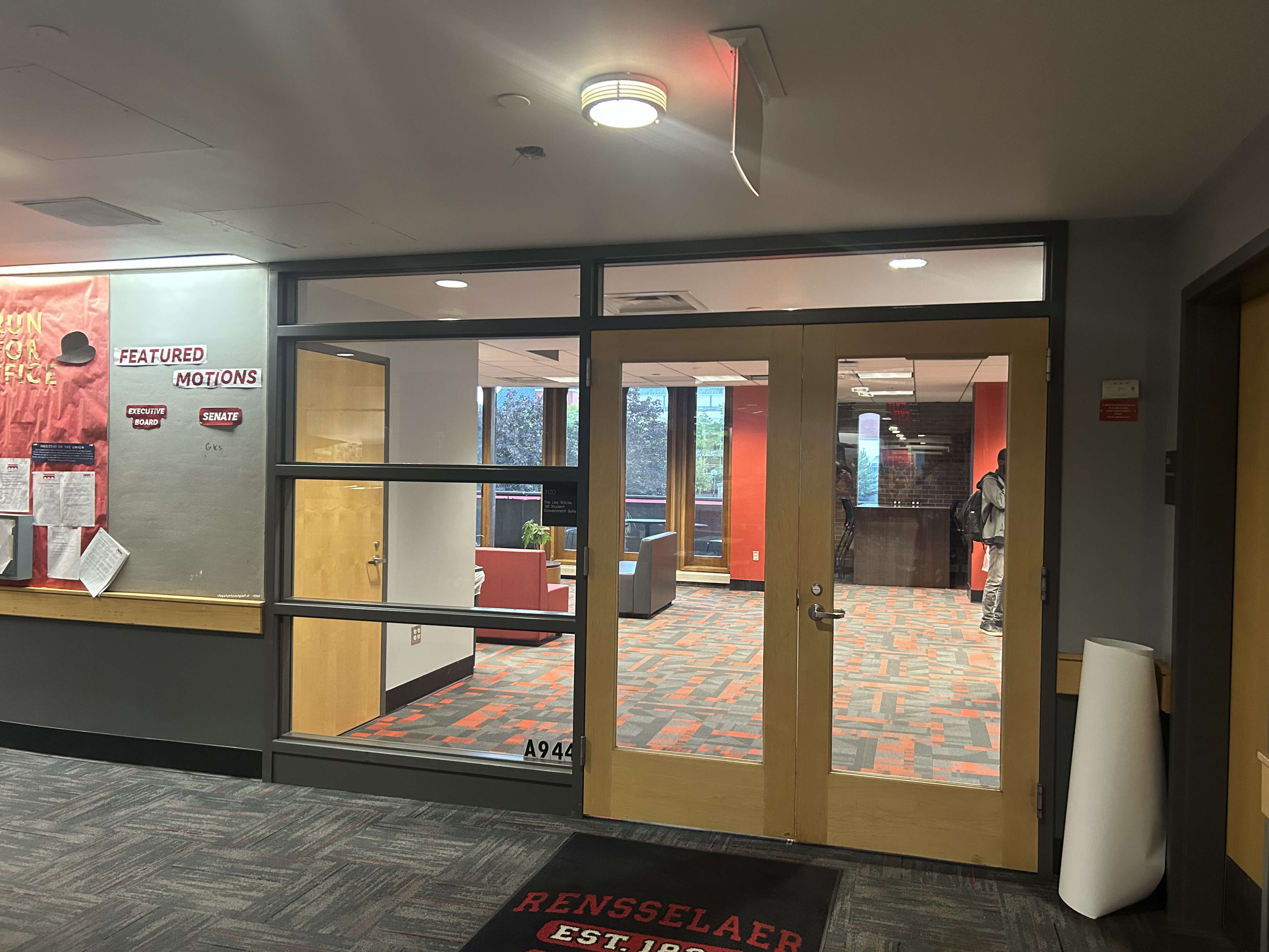 view of SGS door and windows from the hallway.